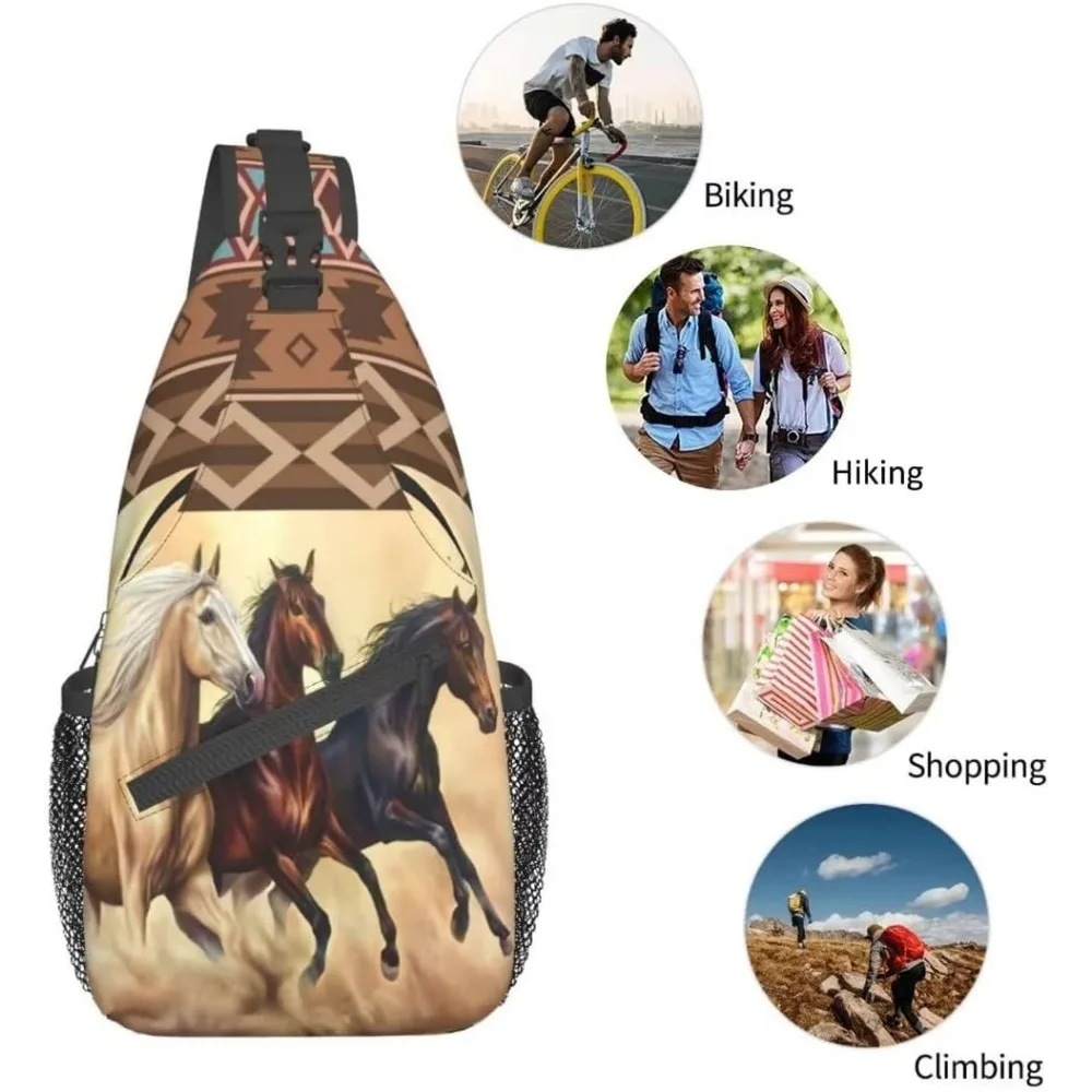 Zaino a tracolla a tracolla Aztec Boho etnico Western Horse Chest Bag tre cavalli corrono nella borsa a tracolla regolabile Desert Sandstorm