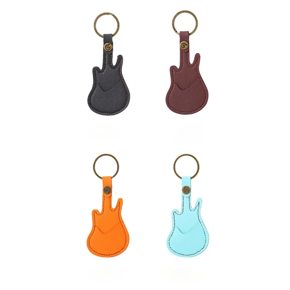 Leather Guitar Pick Bag Guitar Pick Holder Case Guitar Shape with Key Ring 5pcs Celluloid Picks String Instrument Accessories