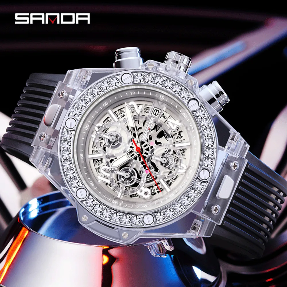 2024 SANDA New Cross-border Hot Sale Quartz Fashion Trend Men 7040 With Waterproof Calendar Glow Perspective Window Watch