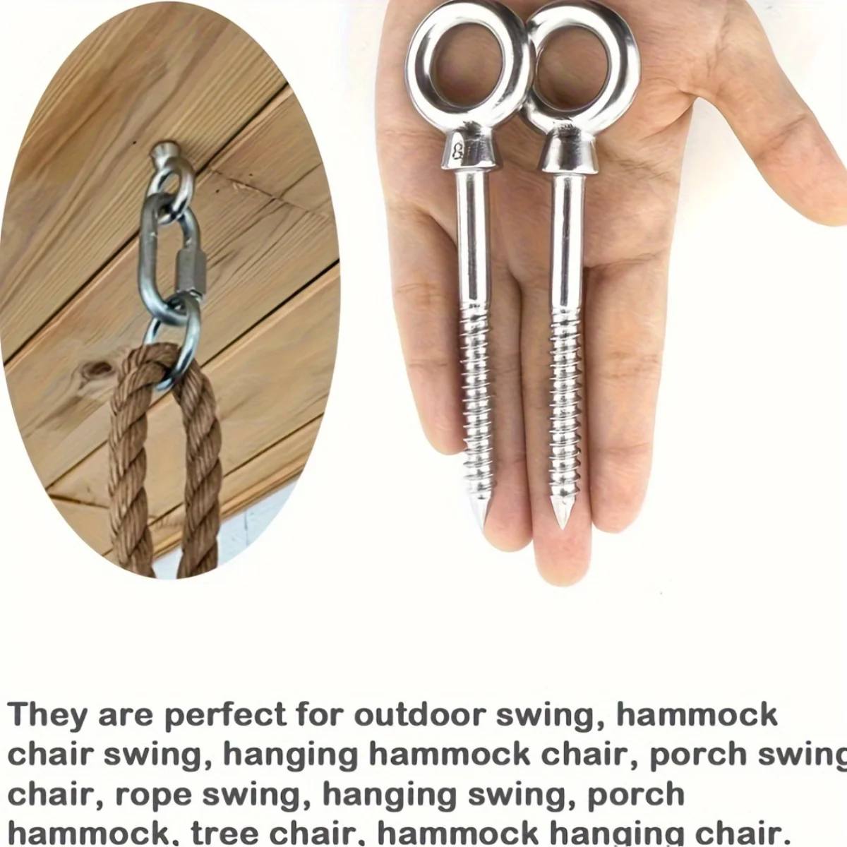 4pcs Robust Stainless Steel Ring Screw Self-Tapping Eye Hooks for Hammocks, Swing Chairs, Wooden Frameworks, M5X80, M8X80 Thread