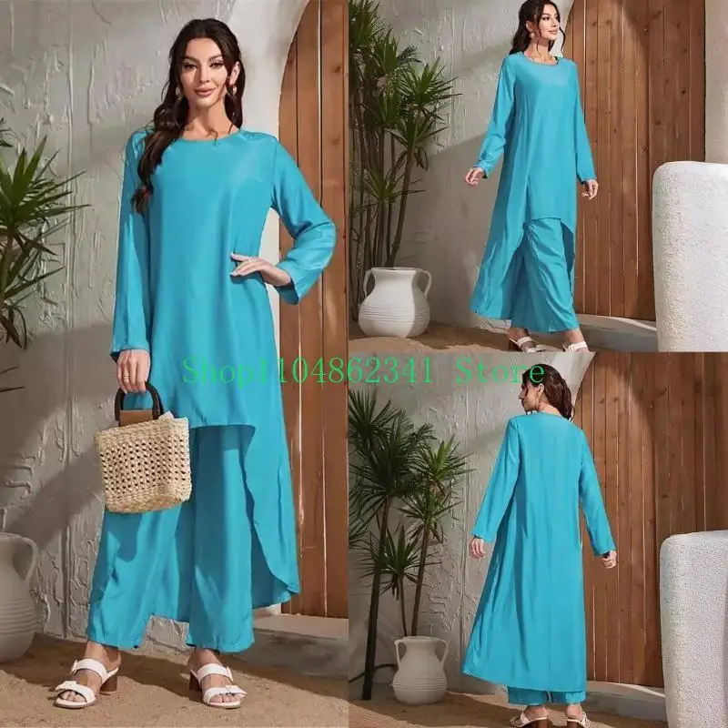 

5asd Women Islamic Clothing Set Islamic Kaftan Dress with Wide Legged Pants, Islamic Robe Kaftan Abaya Islamic Abaya Dress