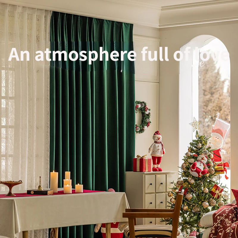 French Retro Light Luxury Christmas Atmosphere, High-end Feeling, Dark Green, Velvet Curtain, Living Room and Bedroom Blackout