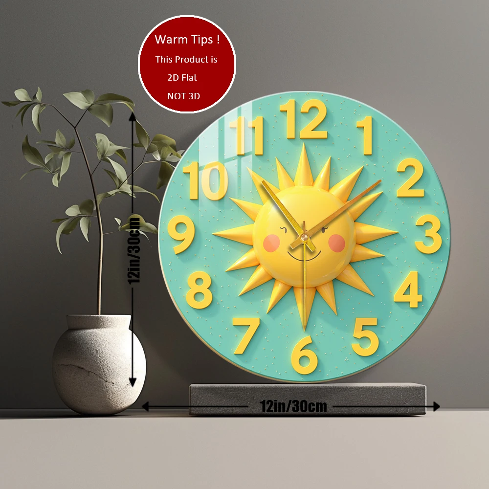 Tempered Glass Wall Clock Sun Clock Face Numbers Smile Yellow Suitable For Wall Decor or Tabletop Display Anywhere