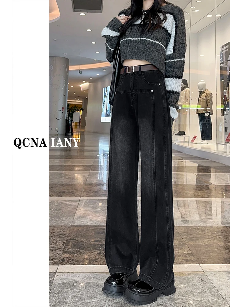 

Джинсы женские с высокой талией, широкими штанинами, прямого кроя, свободные, удлиненные, на осень-зиму, маленькие и большие размеры