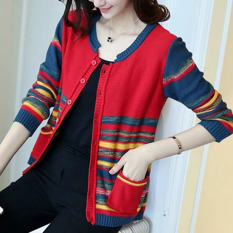 Spring Autumn Women New Korean Edition leisure Contrast Top Female Loose Ethnic Stripe Contrast Knitted Cardigan Sweater Coat