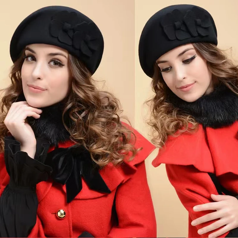 2024 100% Wełniany Beret Zimowy Beret Damski Zimowy Filcowy Beret Kwiatowy Damski Filcowy Francuski Beret Czapka Fedora Czapka Zimowy Kwiat