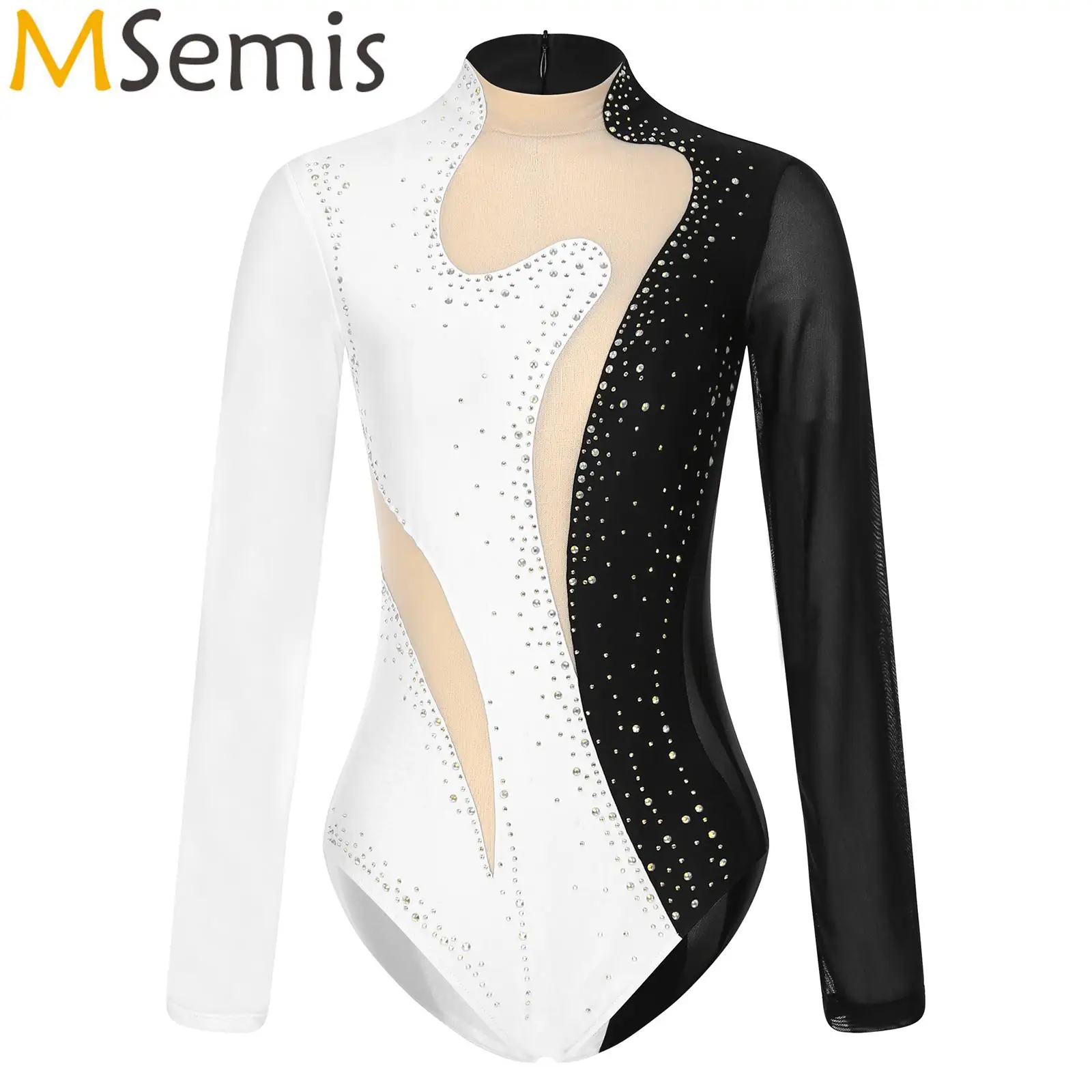 

Womens Figure Skating Leotard Costume Sparkling Rhinestone Long Sleeve Bodysuit Gymnastics Acrobatics Lyrical Ballet Dancewear