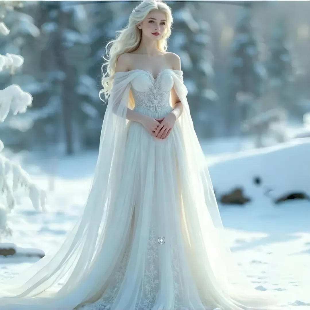 Flowing Cape Sleeve White Tulle Wedding Dress corset Off Shoulder Lace Embroidery Medieval Renaissance Wedding Customized