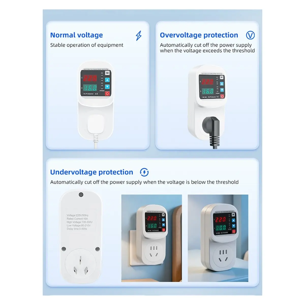 PHONE&GEAR Surge Protector Socket with Adjustable Voltage Control, EU Plug, AC 220V