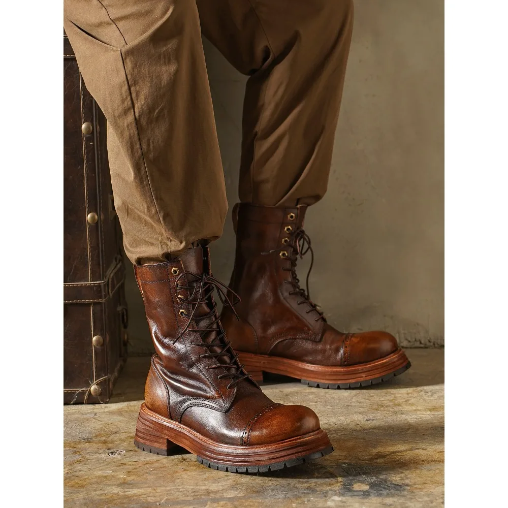Fashion Men's Genuine Leather Motorcycle Boots Brogue Shoes Retro High Round Toe Mid-calf Thick Heel Western Chelsea Boots