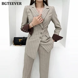 BGTEEVER Autumn Striped Pant Suits for Women Long Sleeve Irregular Blazer Jackets Female Suits Trousers Set
