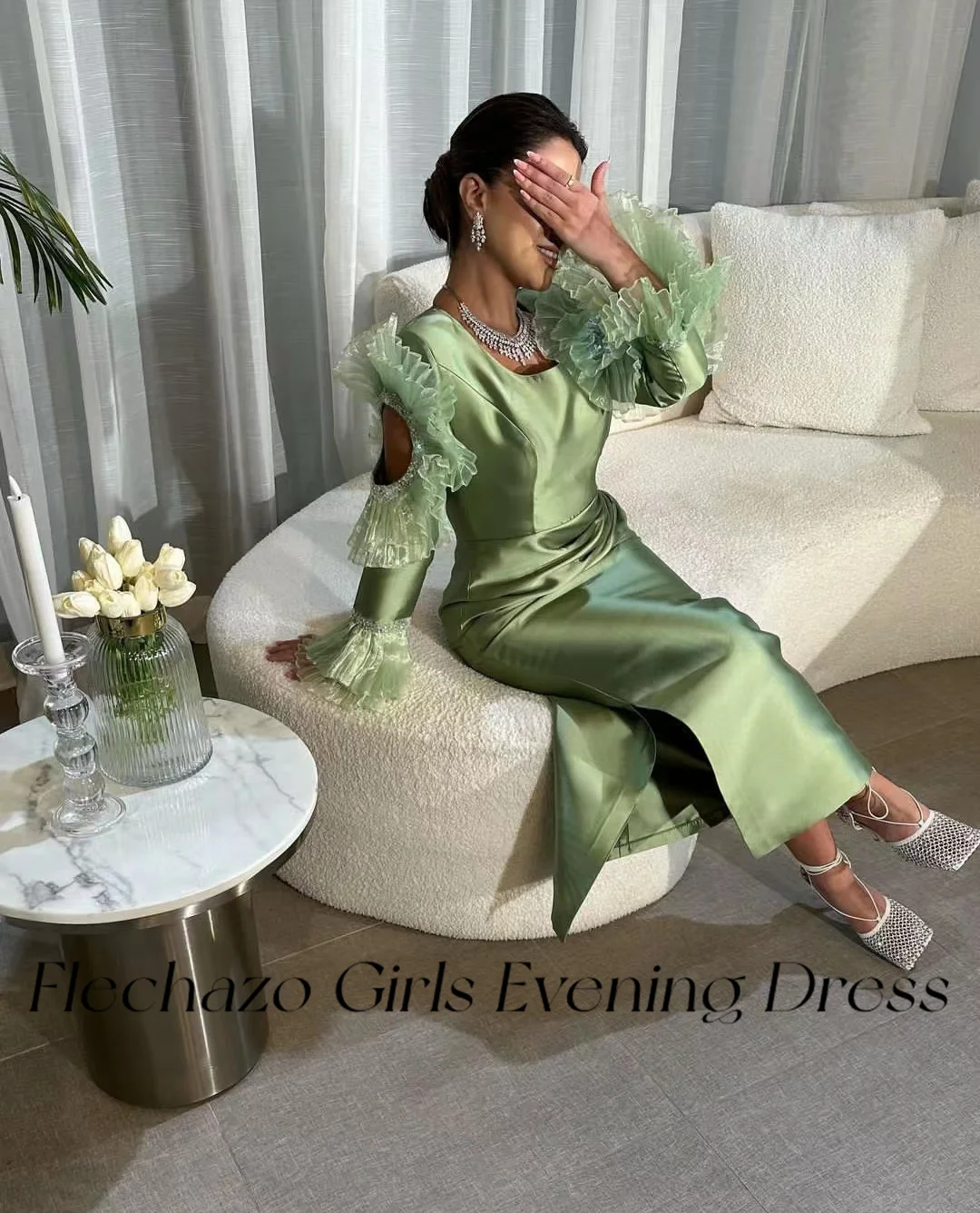Flechazo Green Evening Dresses O Neck Tiered Sleeve Beading Ankle-Length Formal Party Dress For Women 2024 vestidos para eventos
