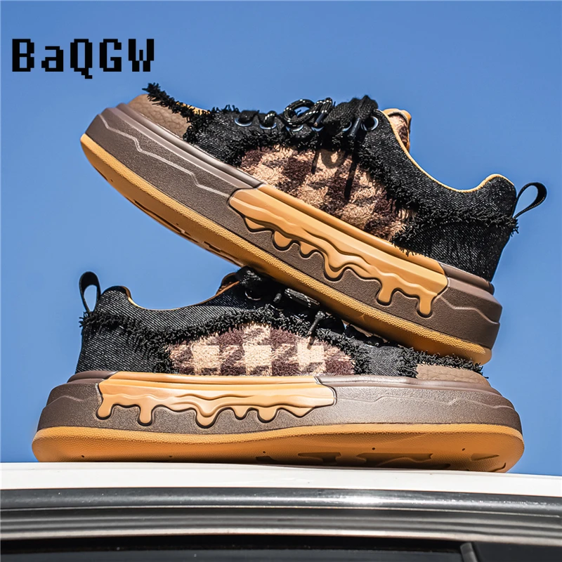 

2026 Houndstooth Print Frayed Denim Chunky Casual Sneakers Thick Platform Sole Walking Shoes Unisex for Men Women Daily Wear