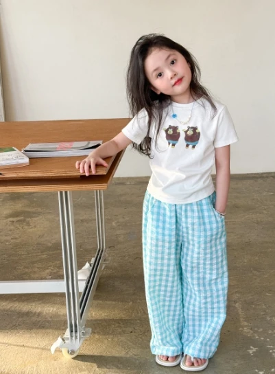 

Girl Pants 2025 Summer New Children's Clothing Korean Style Girl Baby Fashion Plaids Comfortable Mosquito Pants Casual Simple