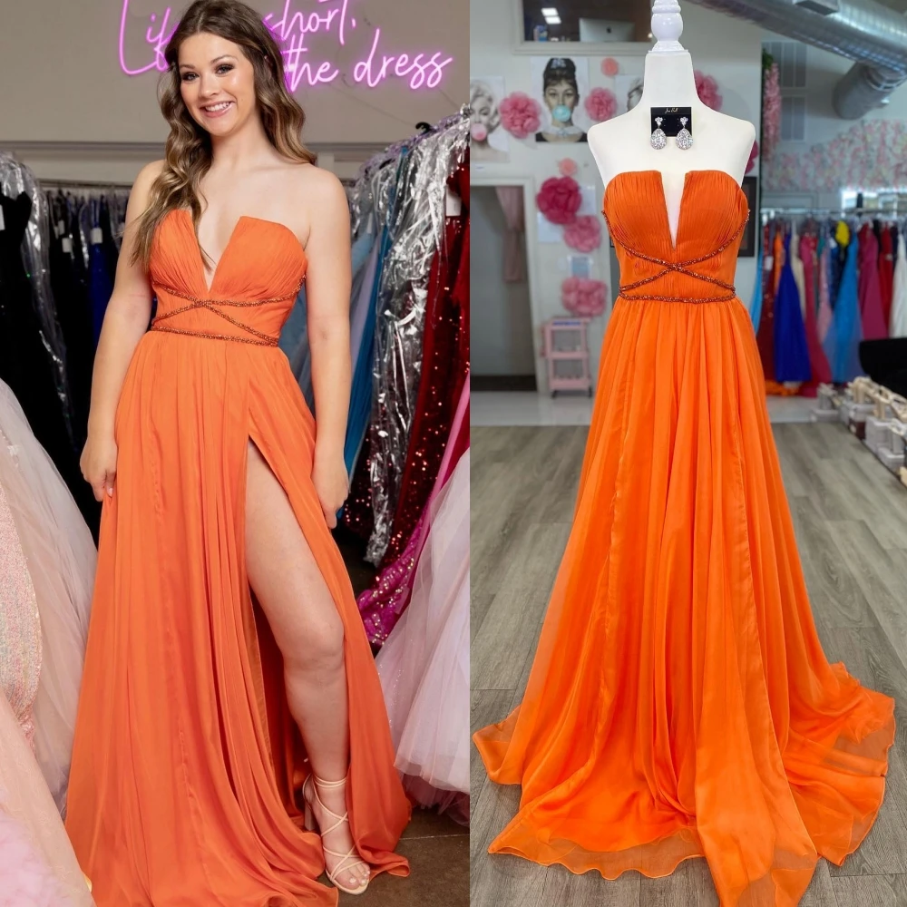 Laranja Prom Dress 2k23 Strapless plissado Chiffon High Slit A Line Lady Pageant Evento Formal Evening Party Runway Black-Tie Gala