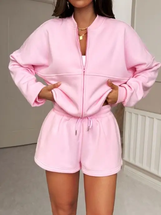 

Two Piece Set Women Outfit 2026 Spring Autumn New Solid Color Round Neck Long Sleeve Zipper Jacket & High Waist Daily Shorts Set