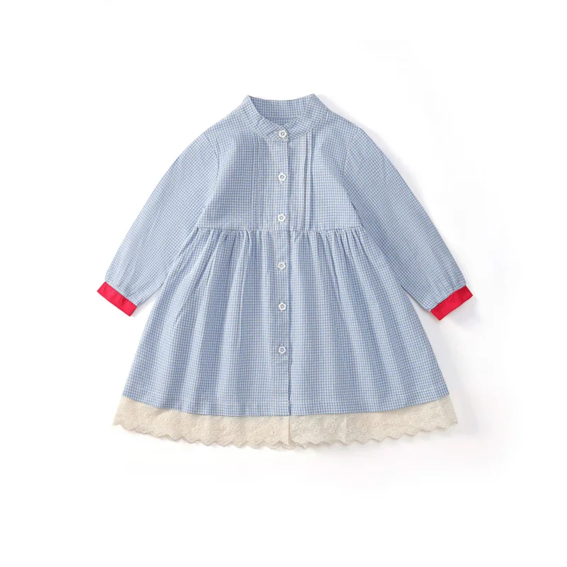 

MDDJapanese and Korean Style Artistic Plaid Long Sleeve Shirt Open Button Dress2025Spring New Style Patchwork Color-Block Lace
