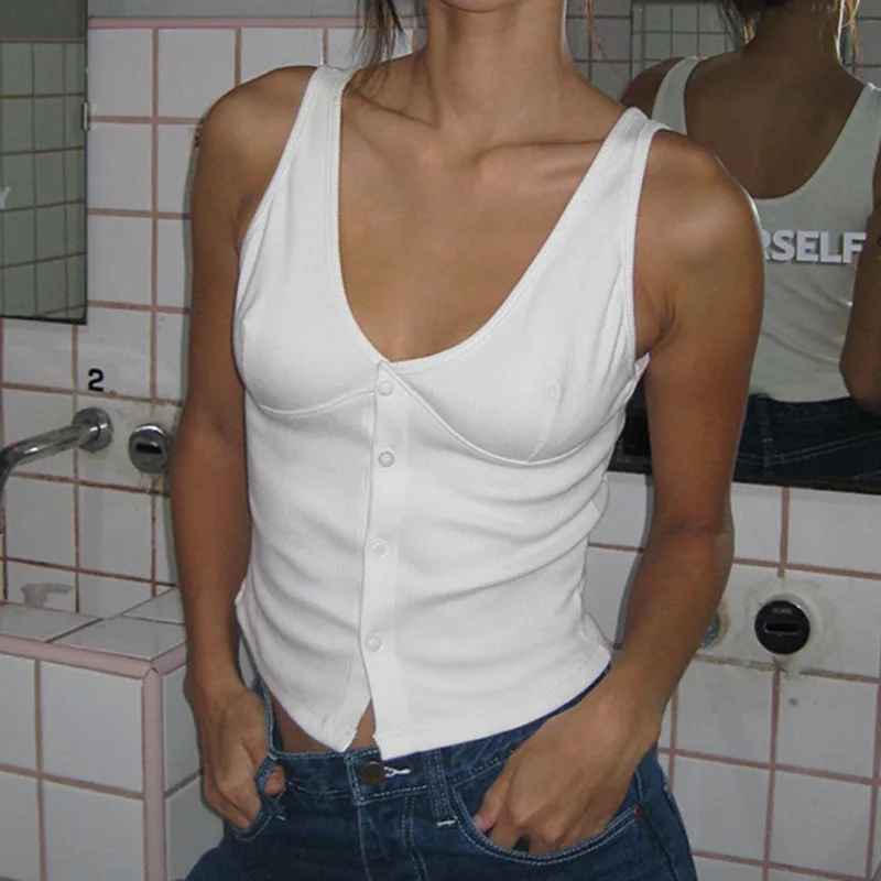 2024 Zomer Newkraag Breasted Mouwloos Gebreide Casual Top Dames Zachte Effen Kleur Basis Buitenvest