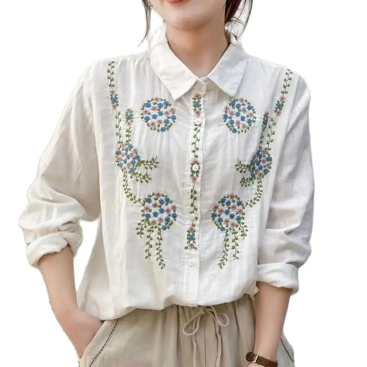 New Spring Cotton Yarn Causal Shirt Women Lapel Long Sleeve Tops Girl Retro Embroidery Commute Loose Blouse 2024 Autumn T43737QM