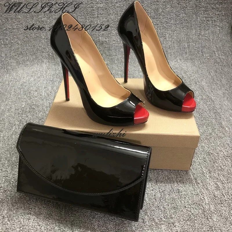 Seksowne Peep Toe czarne lakierowane obcasy damskie otwarte 12Cm sandały częściowa torebka ze skośnymi szpiczastymi obcasami eleganckie buty