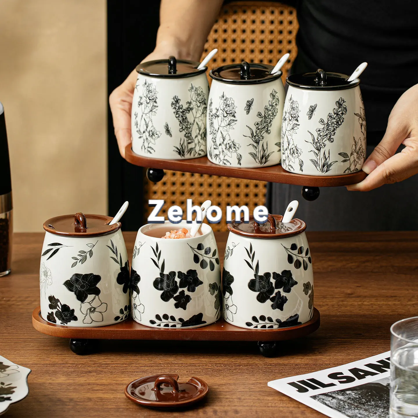 French ceramic seasoning jar set household seasoning MSG salt jar rack retro kitchen supplies seasoning box