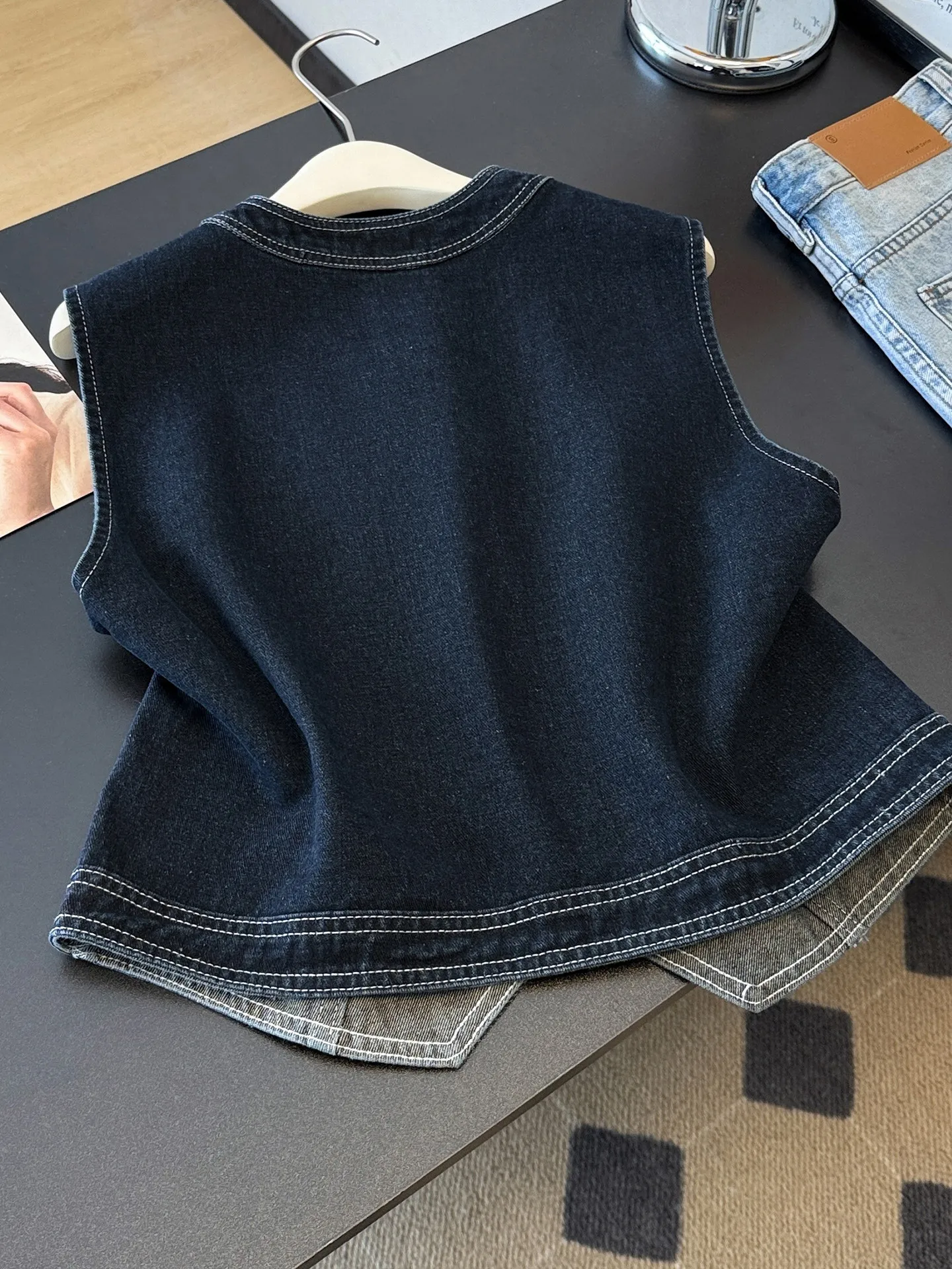 Japanese-Style Retro Round-Neck Denim Women, New Model For Petite Figures, Sleeveless Outerwear Vest Jacke