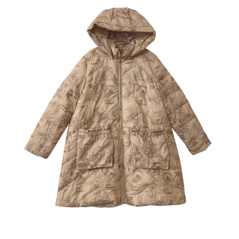 White duck down down jacket, autumn and winter new high-end, luxurious, embroidered, fashionable mid length warm jacket