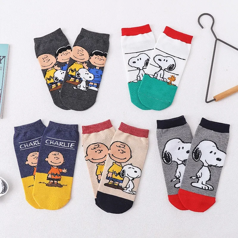 5PCS Snoopy Regular Four Seasons Universal Cartoon Men Cotton Socks Sweat-Absorbent Non-Slip Spring Women Sock Funny Boat Socks