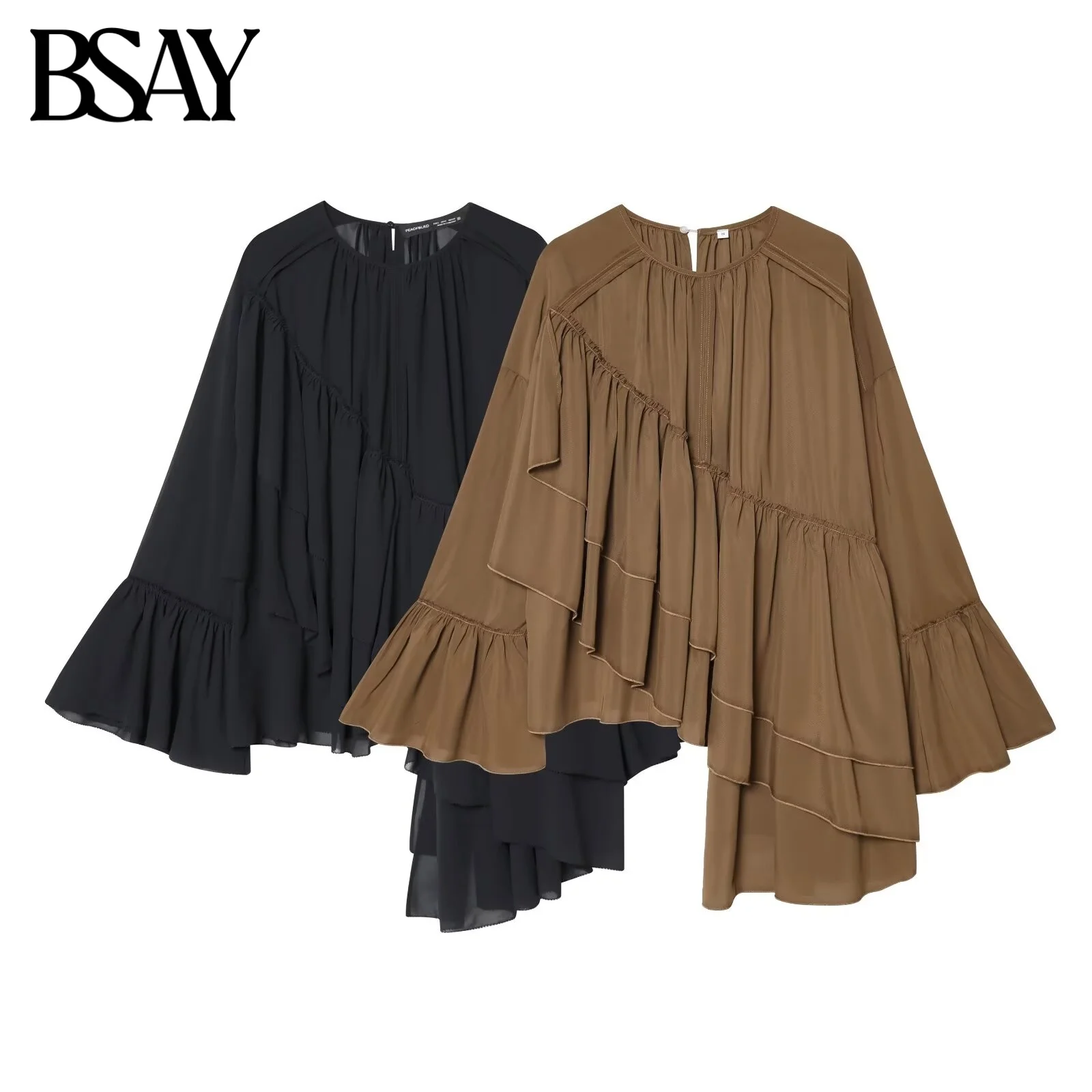

BSAY Asymmetry Pleated Shirt for Women Fashion Autumn Winter New Long Sleeves Blouse Street Clothing Shirts Chic Ladies Top