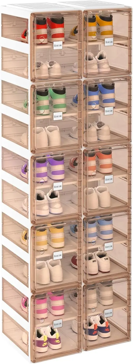 Shoe Storage Cabinet with Doors, One Piece Portable Rack Organizer, Easy Assemble, Plastic Clear Box