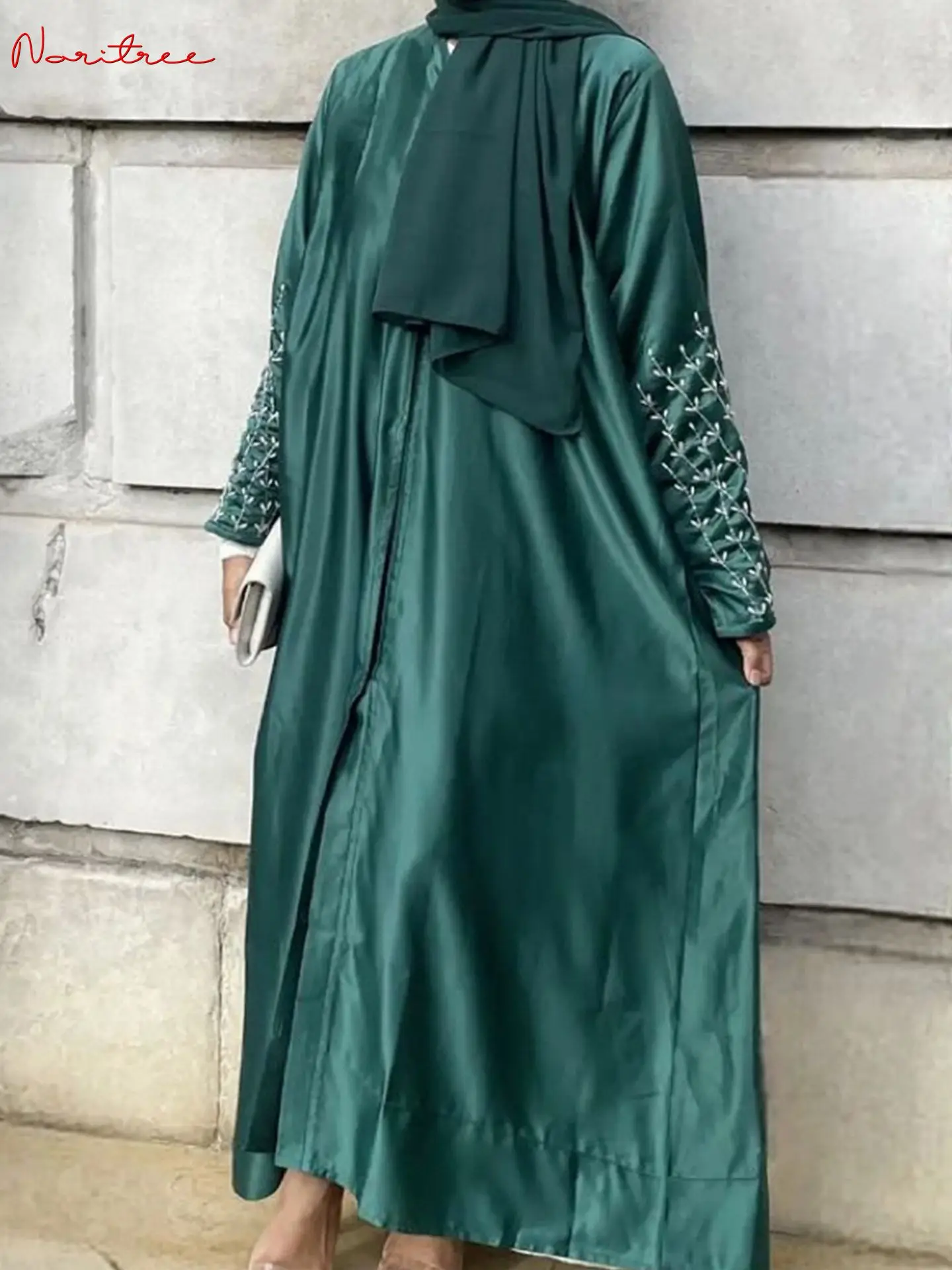 Silky Beading Djellaba Muslim Dress Dubai single breasted Flare Sleeve Abaya Dubai Turkey Muslim Islam Robe With Pockets WY1524