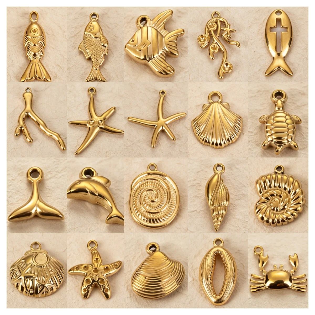 12pcs Summer Beach Charm Coral Shell/Turtle/Crab Stainless Steel Golden Sea Animal Vortex Conch Fish Pendants DIY Jewelry Making