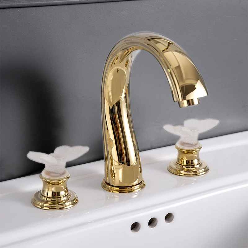 Butterfly pottery European style light luxury brass crystal three hole basin faucet antique cold and hot faucet acrylic two hand