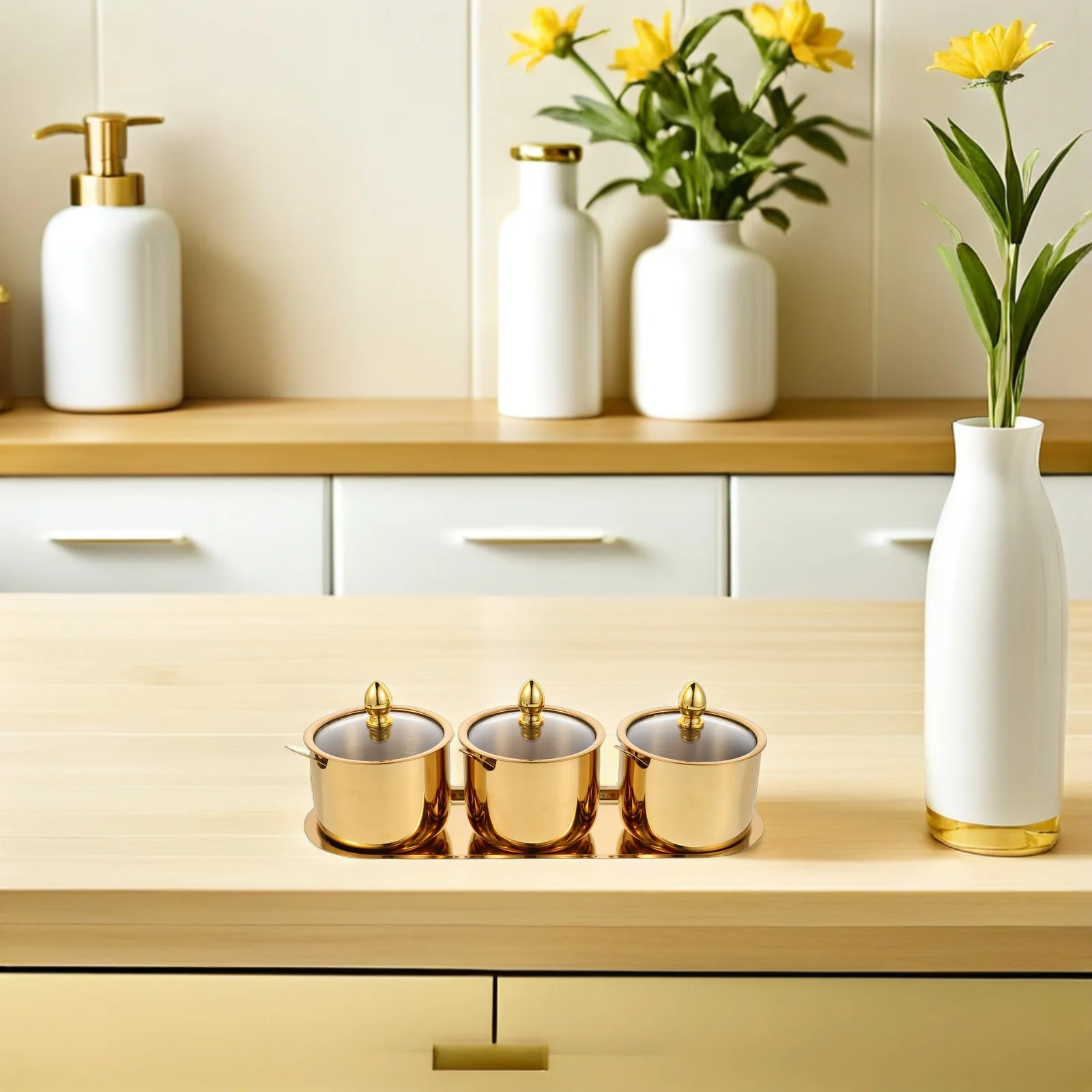 

1Set Stylish Metal Sugar Bowl Set 3 Grids Stainless Steel Spice Jars Glass Lid Spoon Condiment Holder Modern Kitchen Decor