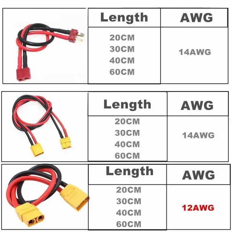 XT60 XT90 Deans T enchufe macho a T adaptador hembra Cable de extensión de enchufe T Cable de silicona 14AWG 12AWG 1 Uds