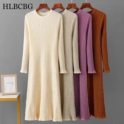 HLBCBG colore puro spesso caldo autunno inverno Aline maglioni abiti donna allentato O collo giuntura maglione vestito midi vestito femminile in maglia