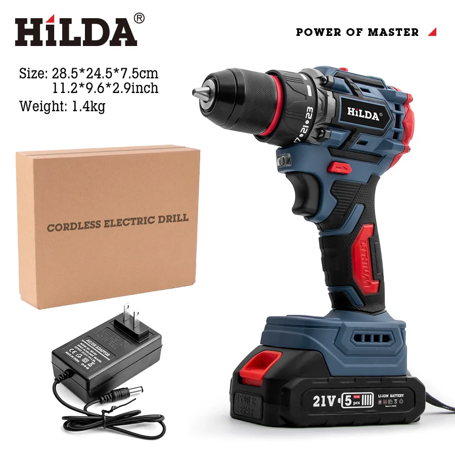 HILDA 21V Electric Drill Electric Screwdriver Rechargeable Power Tools Torque With Battery 2 Speed And LED 23+1