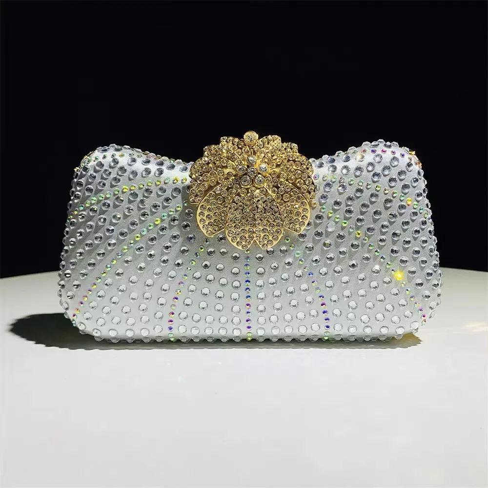 Crystal Shiny Rhinestones Diamond Evening Bag Luxury Glitter Metal Floral Women Handbag Wedding Party Clutch Purse Shoulder Bag