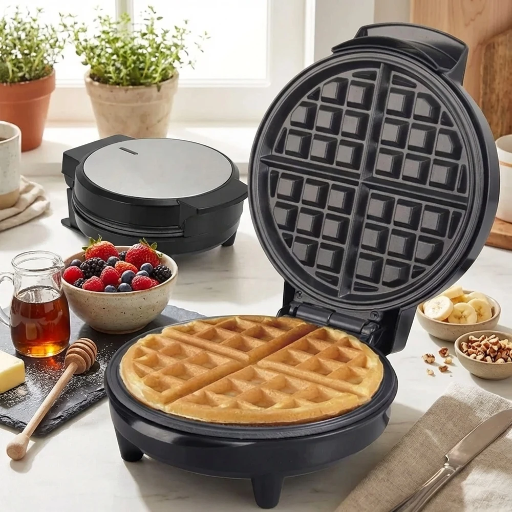 Máquina para Hacer Waffles Eléctrica Multifunción con Revestimiento Antiadherente, Mango Antiescaldaduras, Calentamiento Rápido, Control de Temperatura Ajustable, para el Desayuno