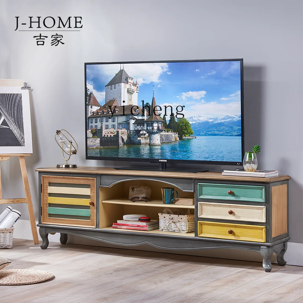 TQH American modern simple TV cabinet living room Nordic Mediterranean bedroom solid wood coffee table TV cabinet combination