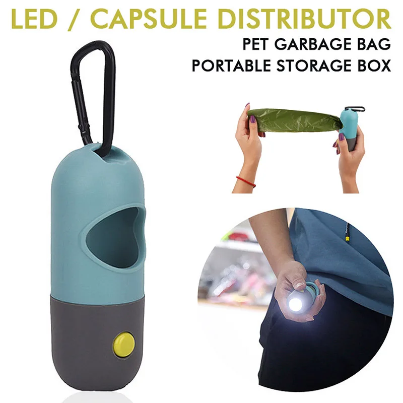 New Portable Dog Poop Pickup Bags Holder Dispenser with LED Flashlight Metal Hook