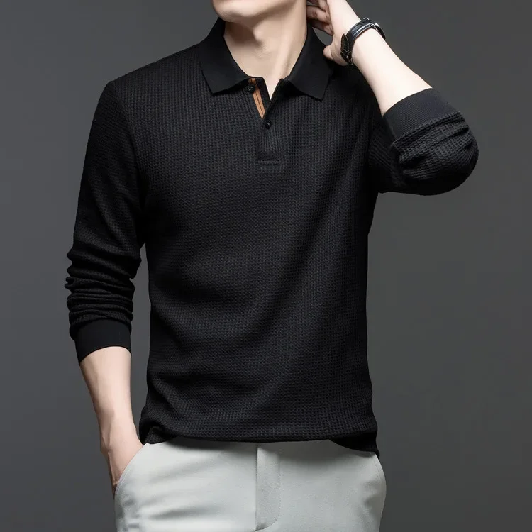 Langarm-Poloshirt aus Waffelstrick – Weiche Baumwollmischung, Slim Fit, Lässiges Business-Oberteil für Herbst und Winter, Mehrfarbig – Detail 18