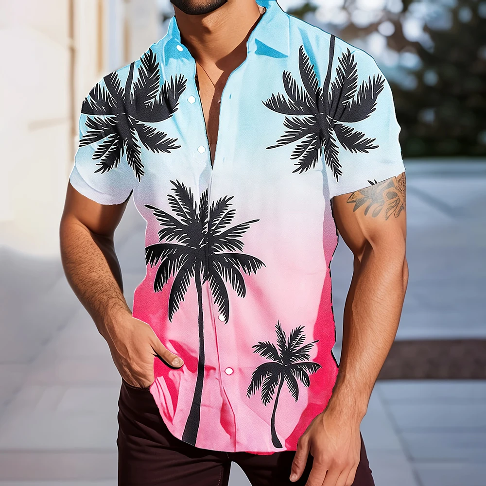 

Men'S Gradient Shirt Hawaii Vacation Casual Shirt Fashion Coconut Tree Print Top Men'S Plus-Size Lapel Button Down Shirt