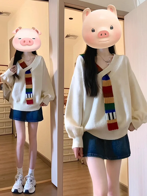 

Laid-ba College Sle женский белый свитер с v-образным вырезом свободного дизайна осень-зима Новое поступление небольшого размера удобный топ