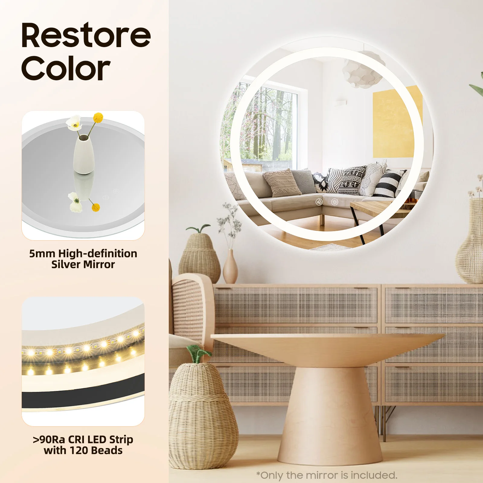 Espelho de banheiro iluminado por led, redondo, 3 cores, regulável, montado na parede, espelho de banheiro com luzes, inteligente, anti-neblina