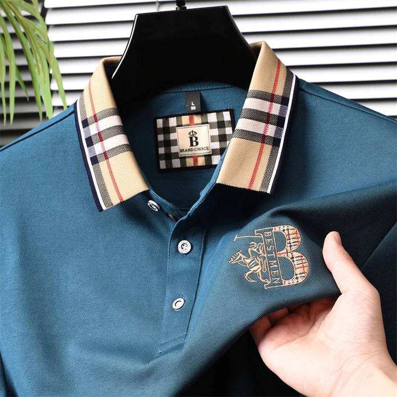 Modisches, hochwertiges, besticktes Herren-Polohemd aus Baumwolle, Herbst-Revers-T-Shirt in Kontrastfarben, lässige, vielseitige Herrenbekleidung – Detail 6