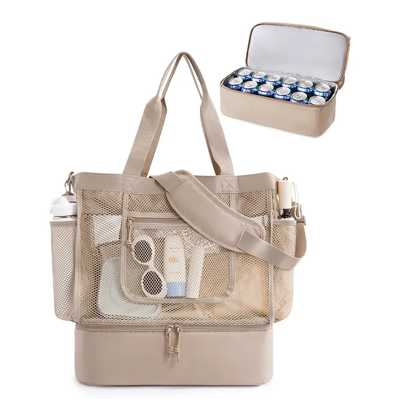 

Women Nylon Beach Bag with Zipper Multi Pocket Handbag Foldable Lightweight Tote Anti-sand Shoulder Purse Summer Travel