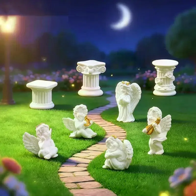 [MA]Mini Resin Angel Figurine With Adorable Golden Details And Roman Pillars Perfect For Garden Patio Desktop Home Decor[MA]