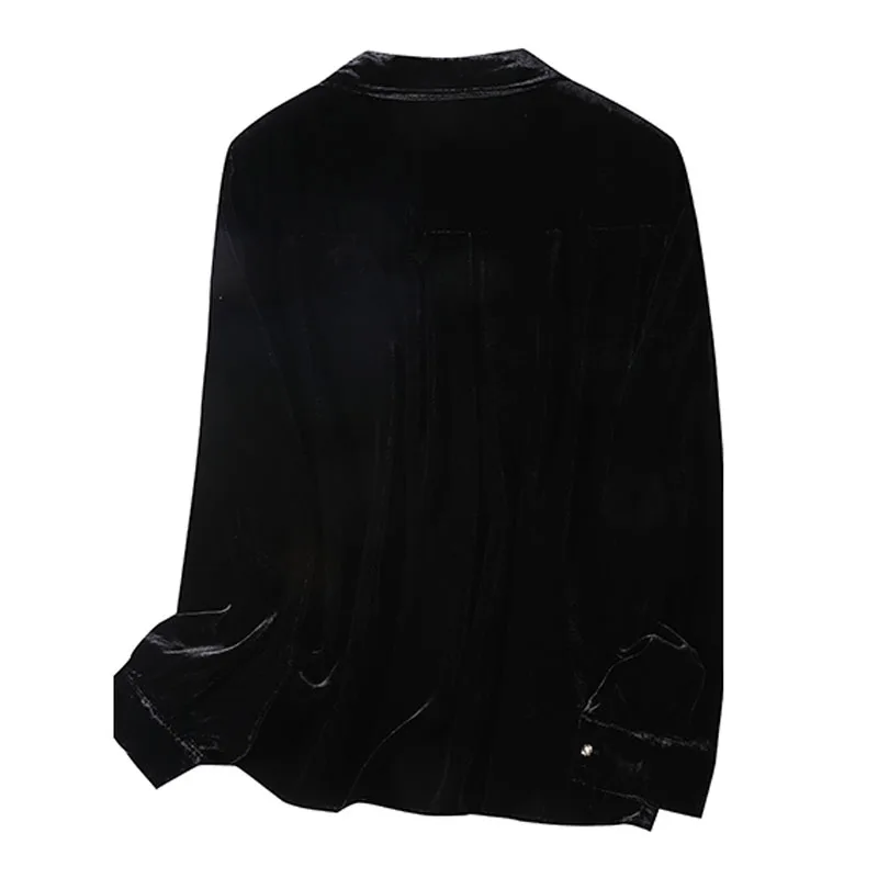 Spring Autumn Silk Velvet Long Sleeve Shirt for Women Black Simple Temperament Soft Luster Light Mulberry Silk Light Luxury Top