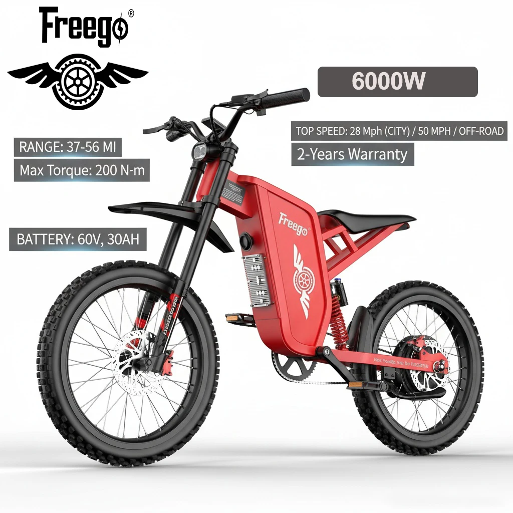 

Электрический мотоцикл Freego X2 Pro 2026 года для взрослых, двигатели 6000 Вт, аккумулятор, 7 скоростей, 50 миль/ч, внедорожный электробайк + 2 года гарантии, UL 2849